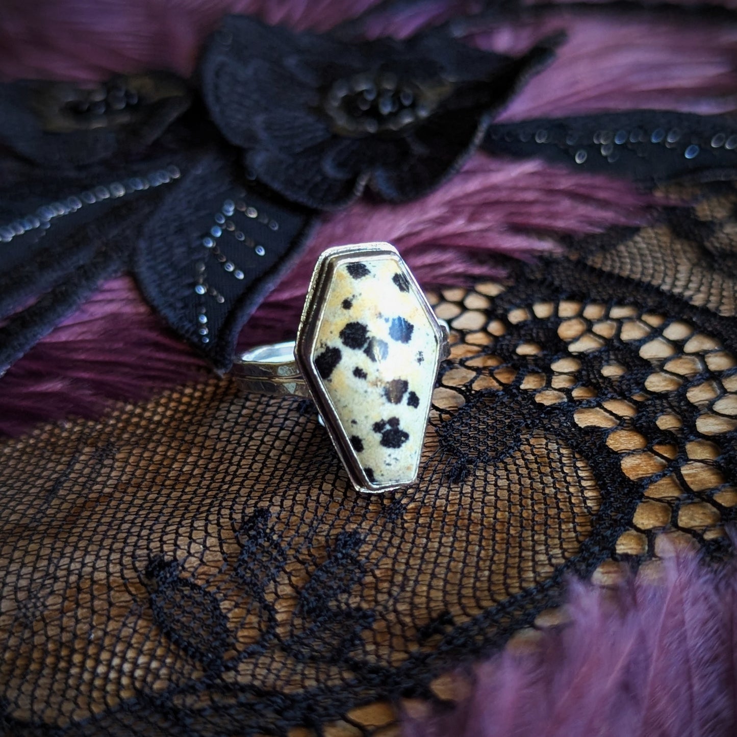Dalmatian Jasper Coffin Ring- Size 5