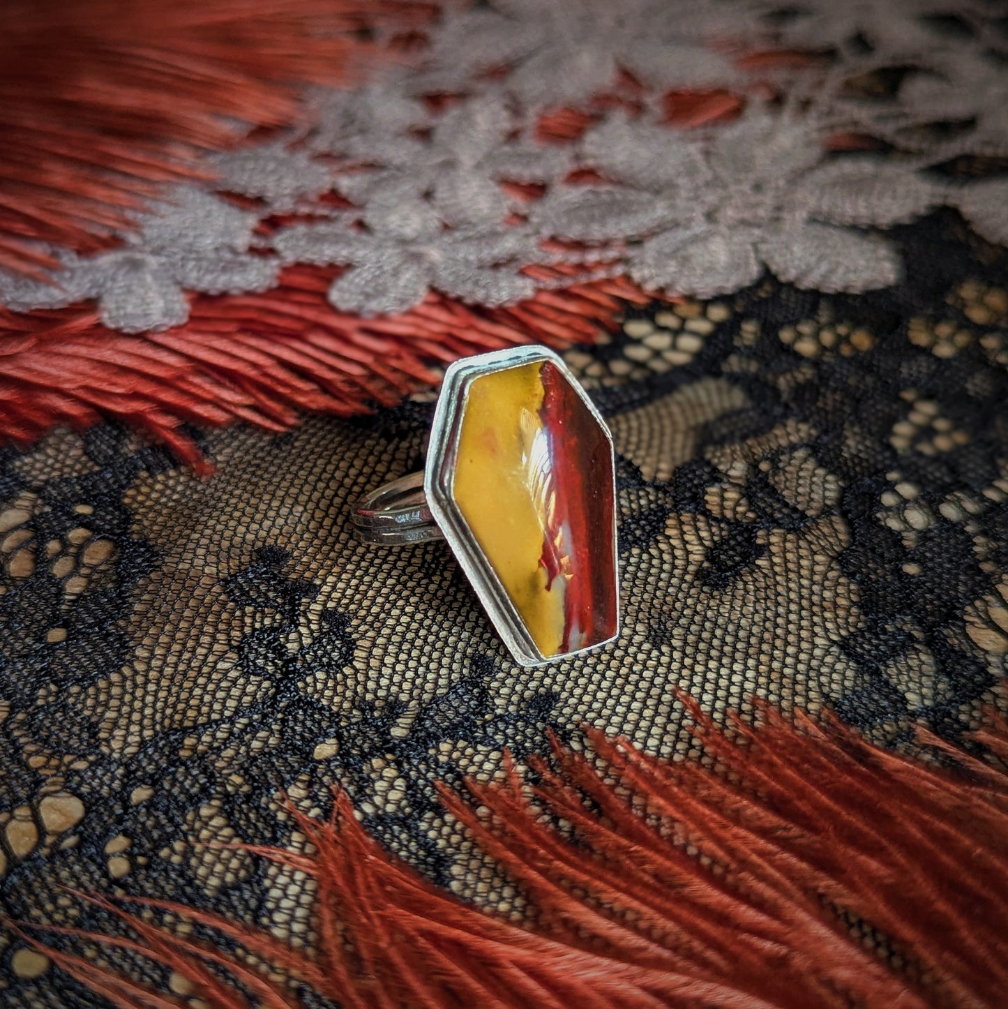 Yellow Feather Jasper Coffin Ring- Size 10