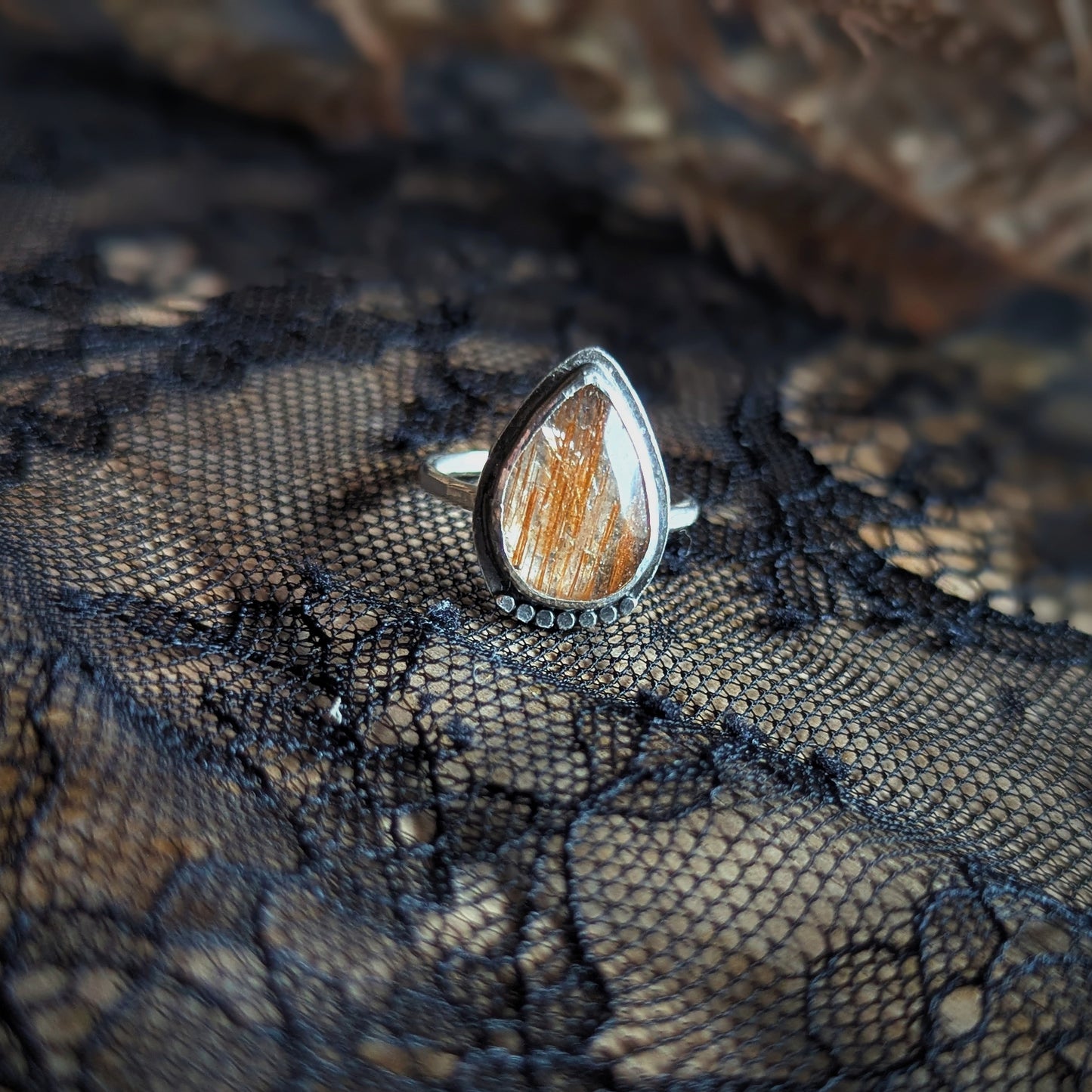Gold Rutilated Quartz Drop Ring- Size 5