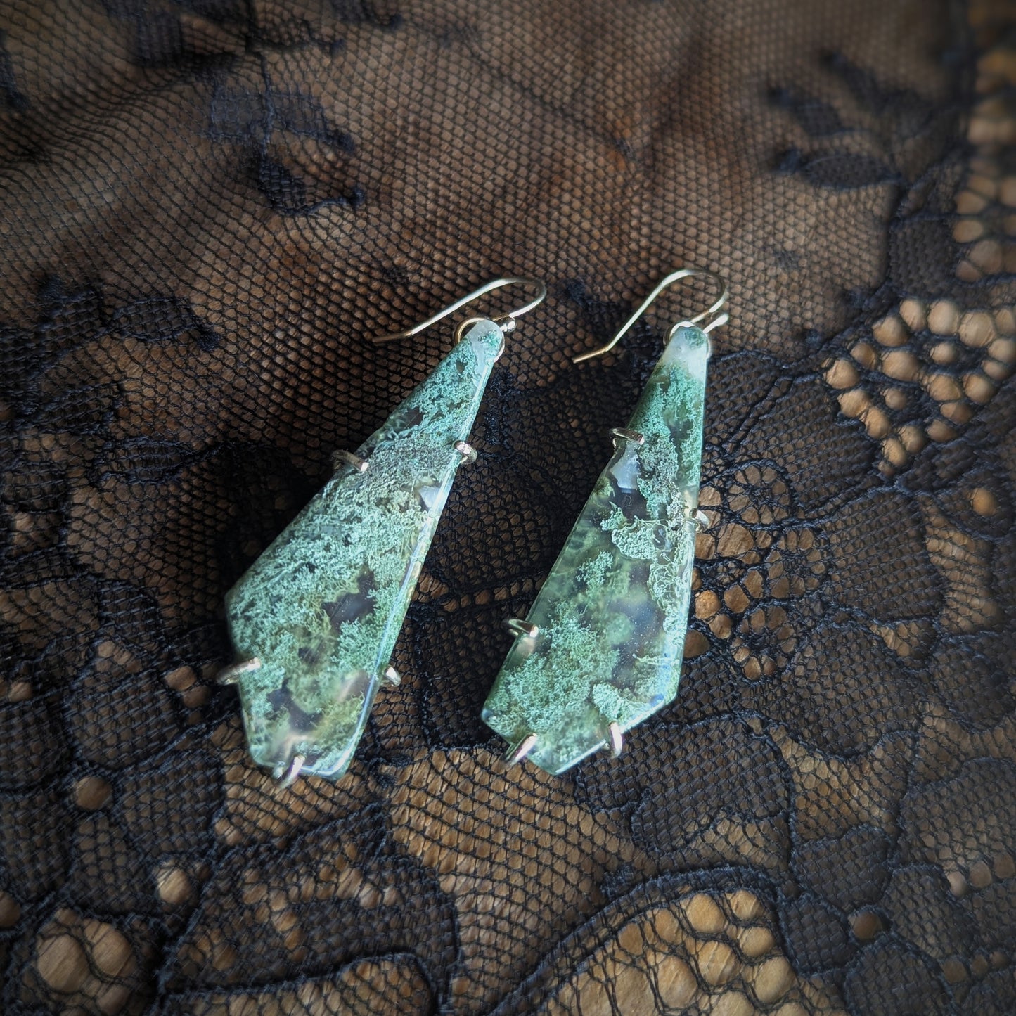 Moss Agate Long Prong Earrings