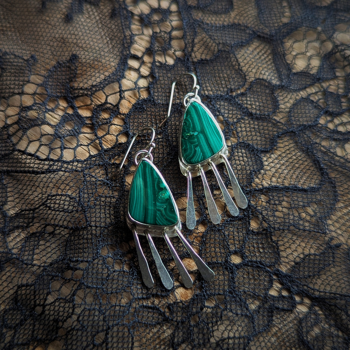 Malachite Bezel Fringe Earrings