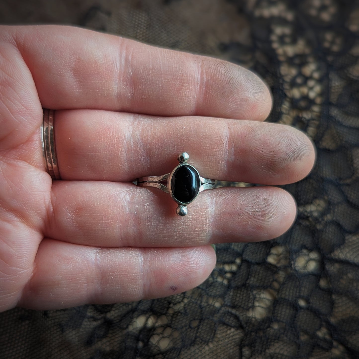Black Onyx Dot Ring - Size 10