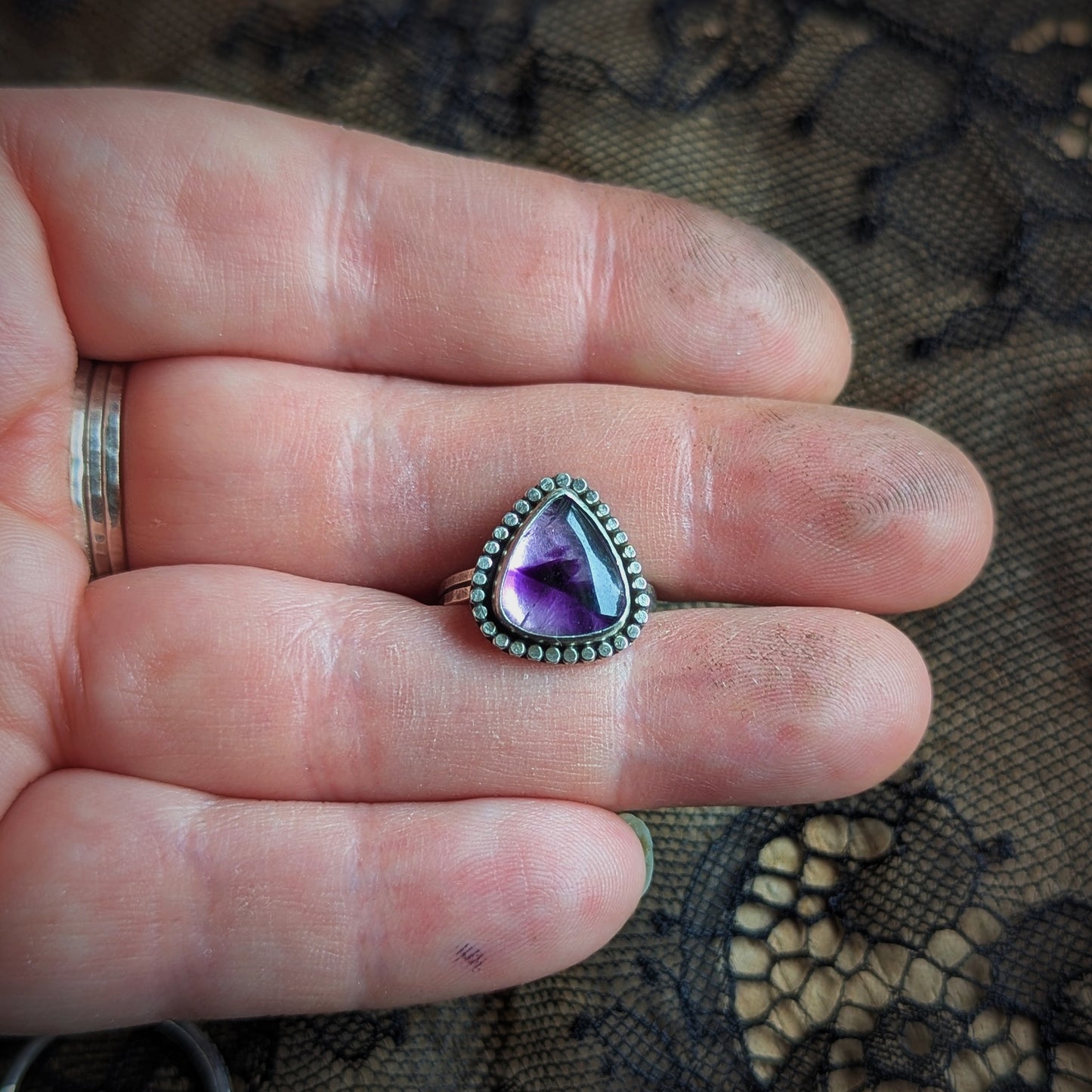 Amethyst Beaded Heart Ring- Size 5