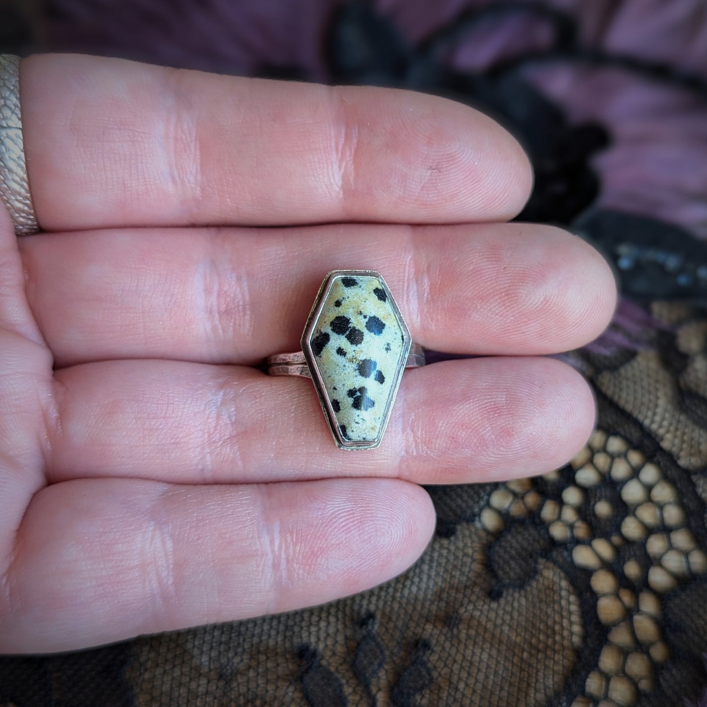 Dalmatian Jasper Coffin Ring- Size 5