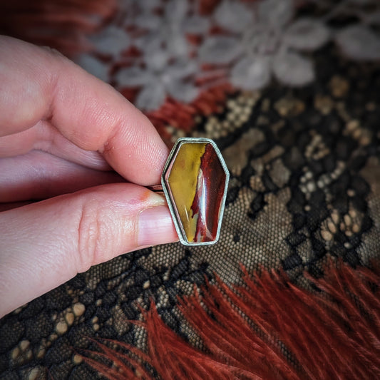 Yellow Feather Jasper Coffin Ring- Size 10