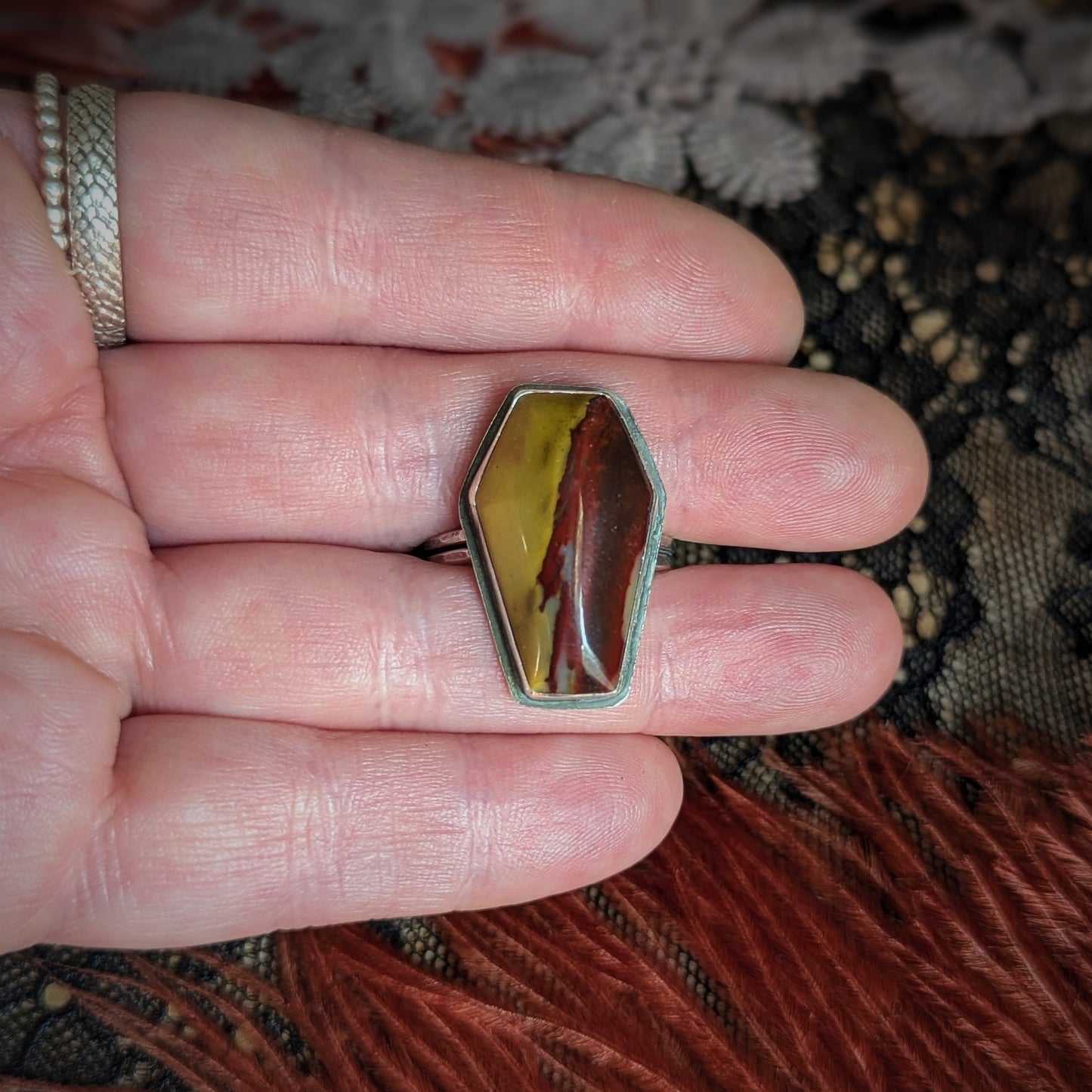 Yellow Feather Jasper Coffin Ring- Size 10