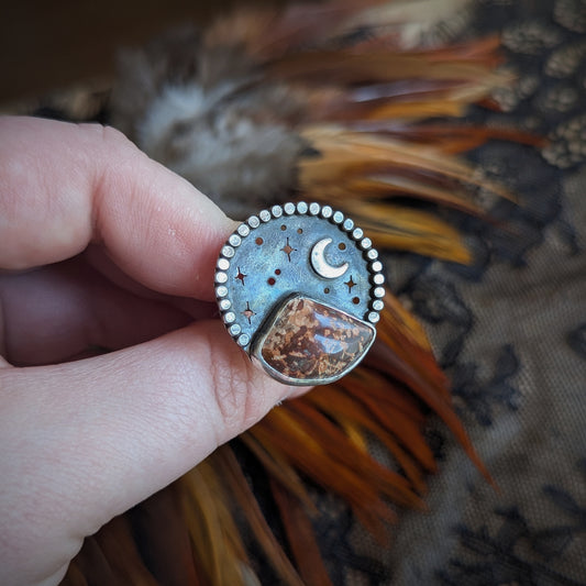 Spider Jasper Mountain Moon Ring- Size 9