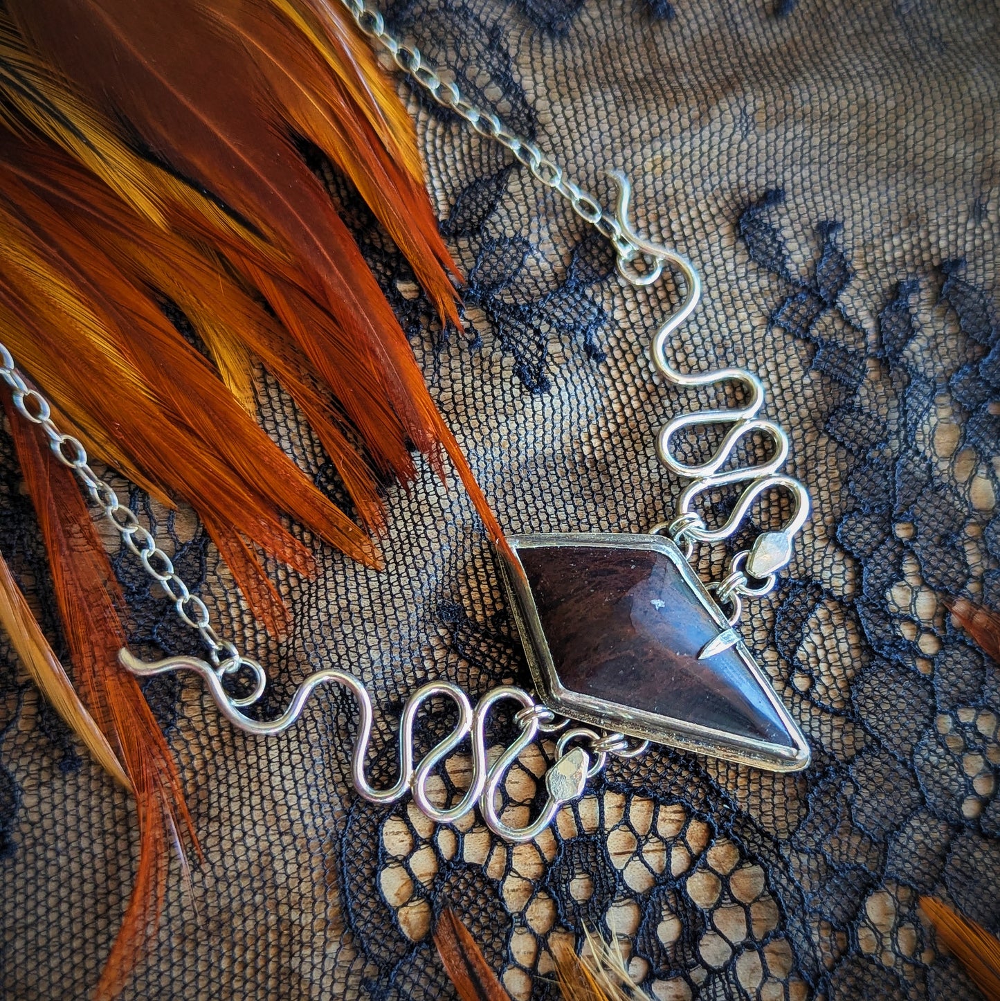 Mahogany Obsidian Serpent Crown Necklace