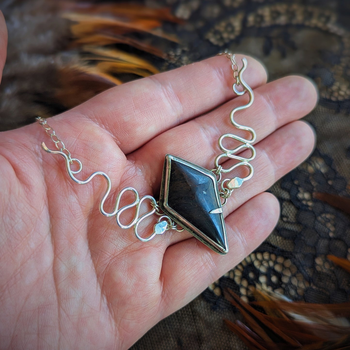 Mahogany Obsidian Serpent Crown Necklace