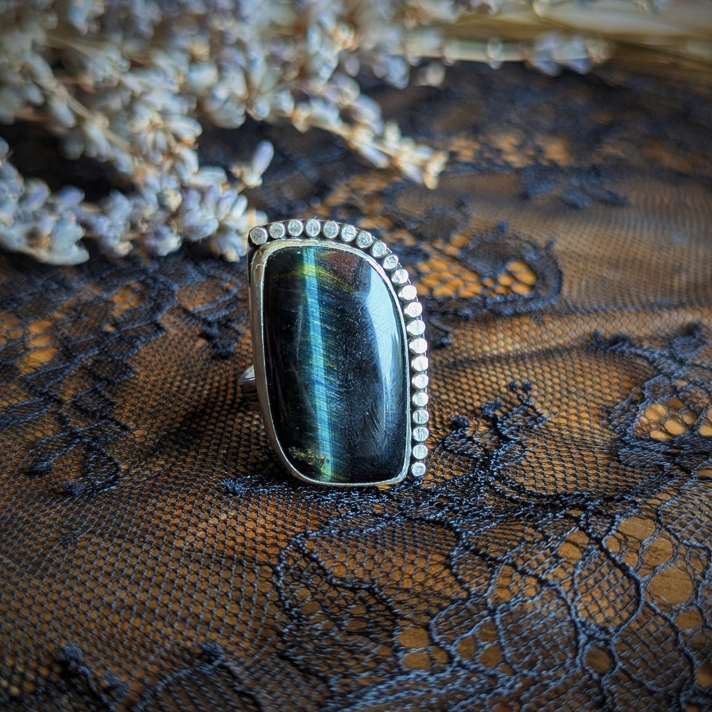 Blue Tigers Eye Swish Ring- Size 10