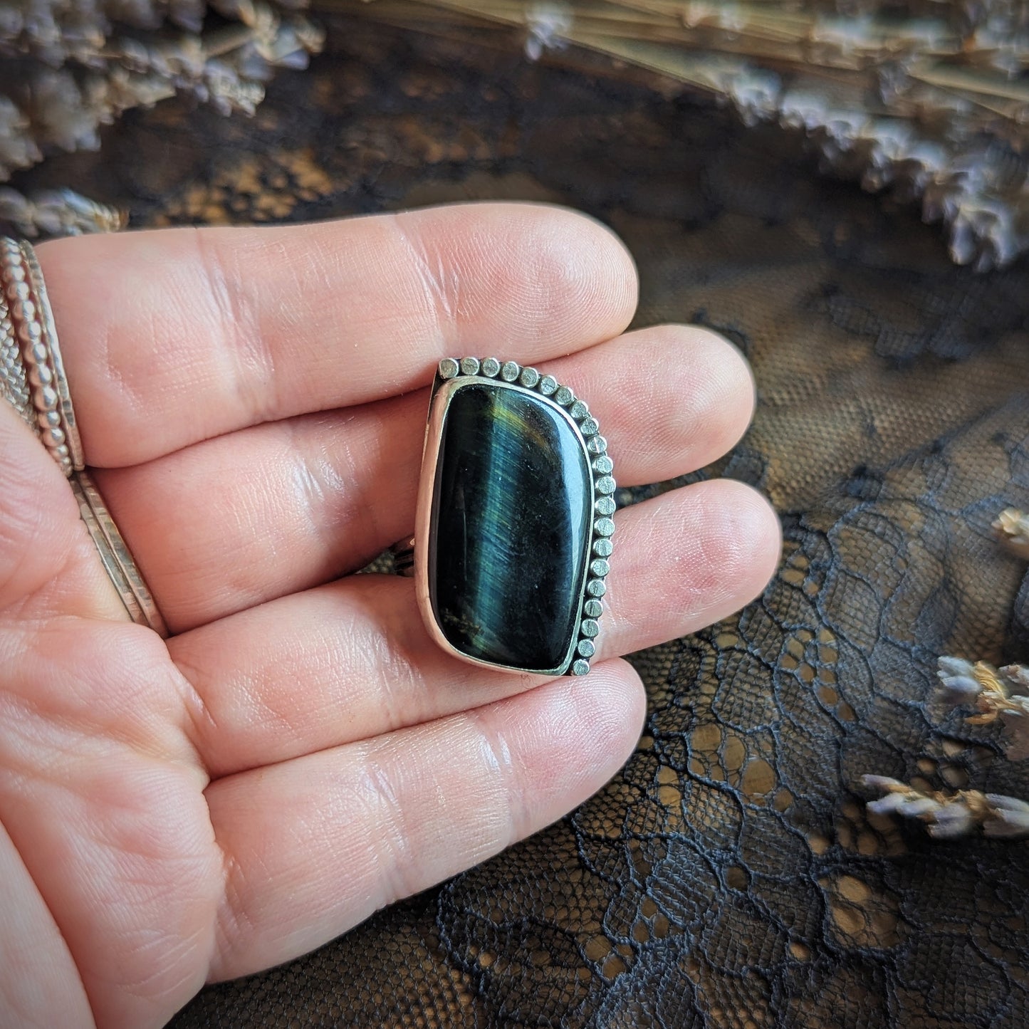 Blue Tigers Eye Swish Ring- Size 10