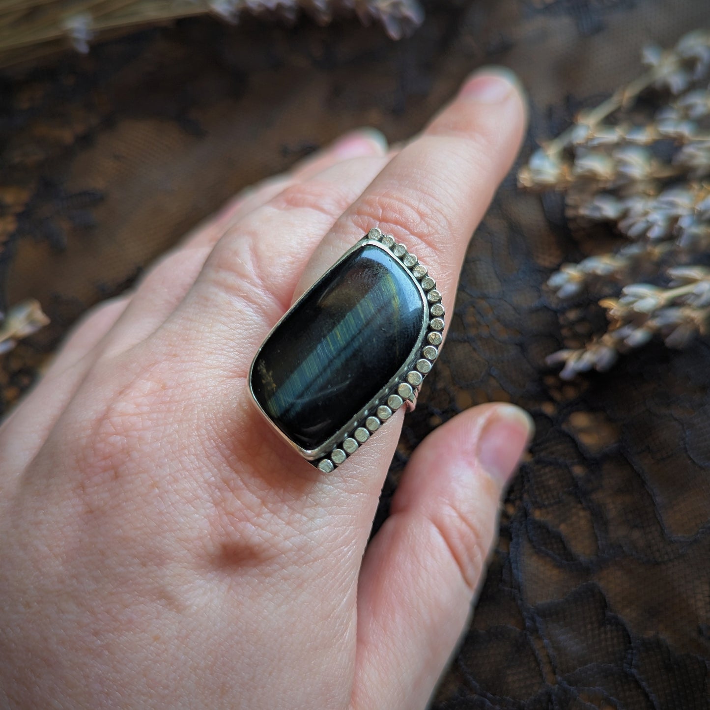 Blue Tigers Eye Swish Ring- Size 10
