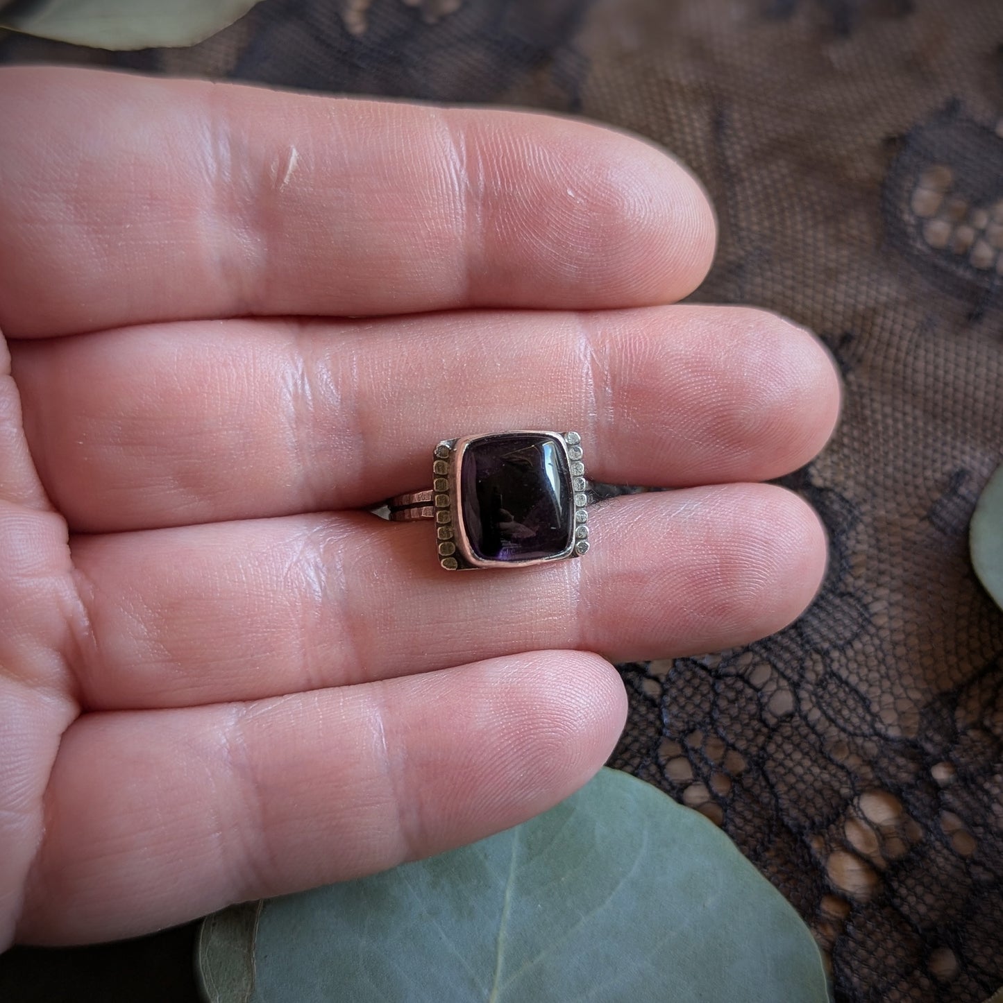 Amethyst Beaded Edge Ring- Size 6