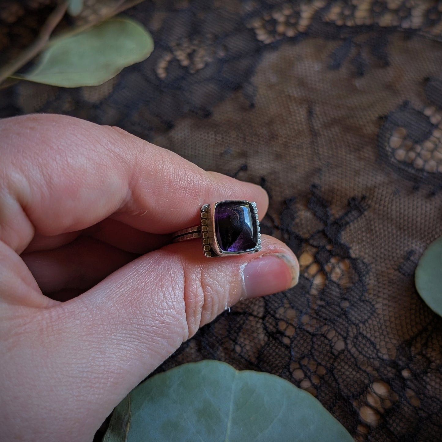 Amethyst Beaded Edge Ring- Size 6