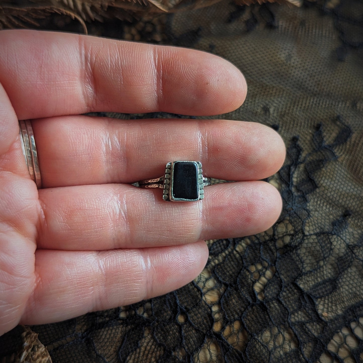 Jet Beaded Rectangle Ring- Size 8