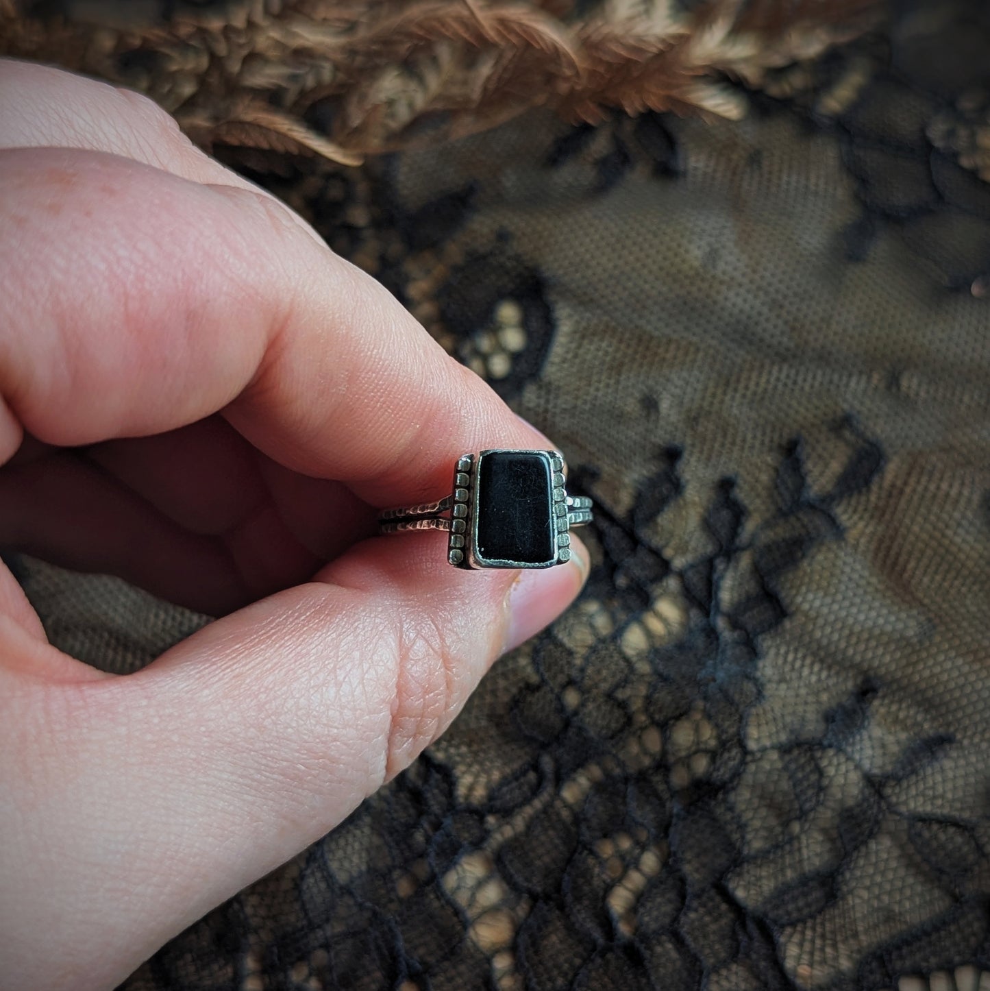 Jet Beaded Rectangle Ring- Size 8