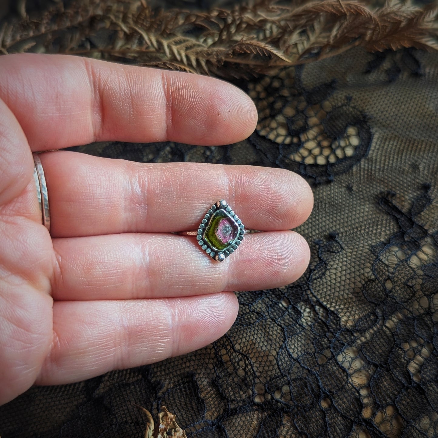 Watermelon Tourmaline Beaded Ring- Size 6