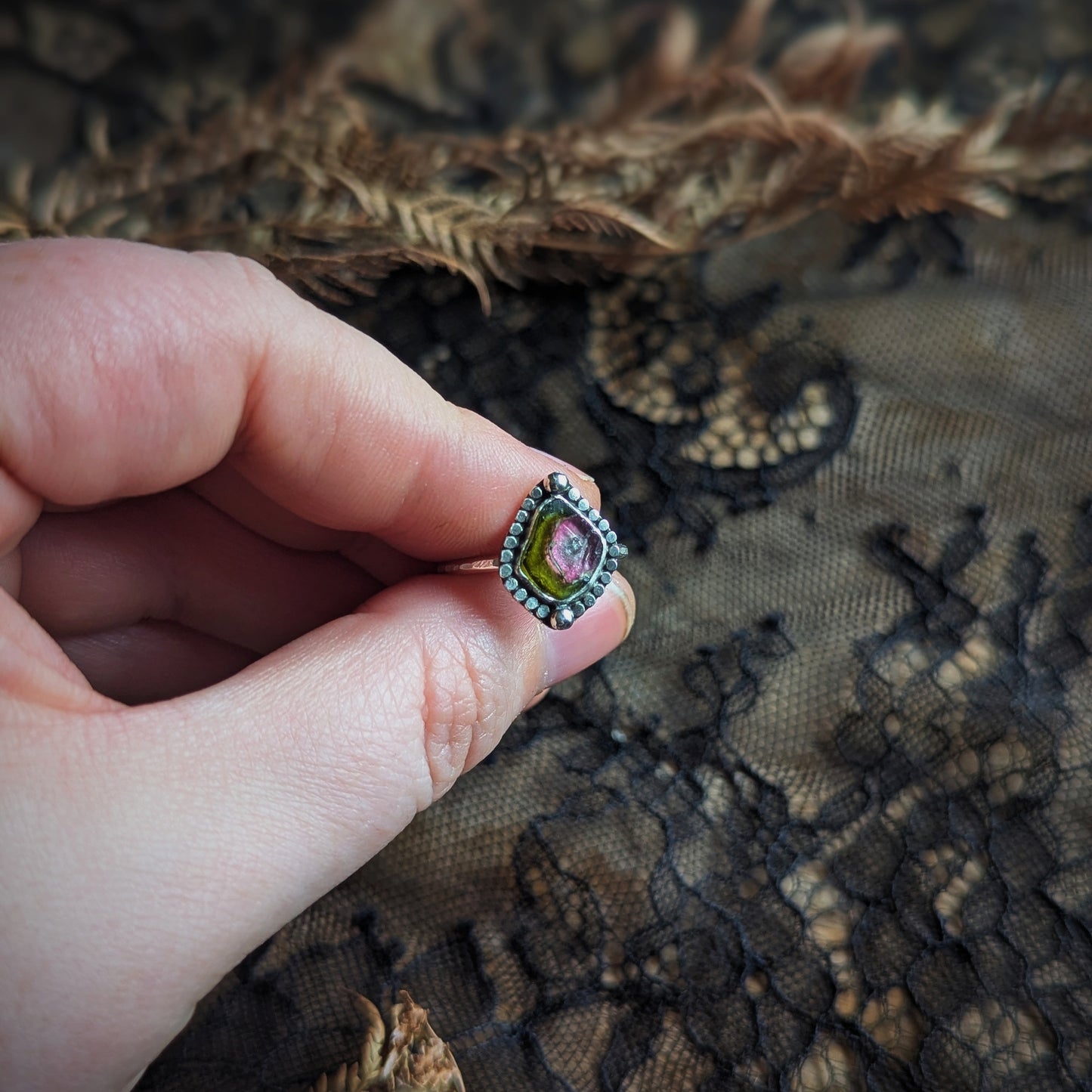 Watermelon Tourmaline Beaded Ring- Size 6