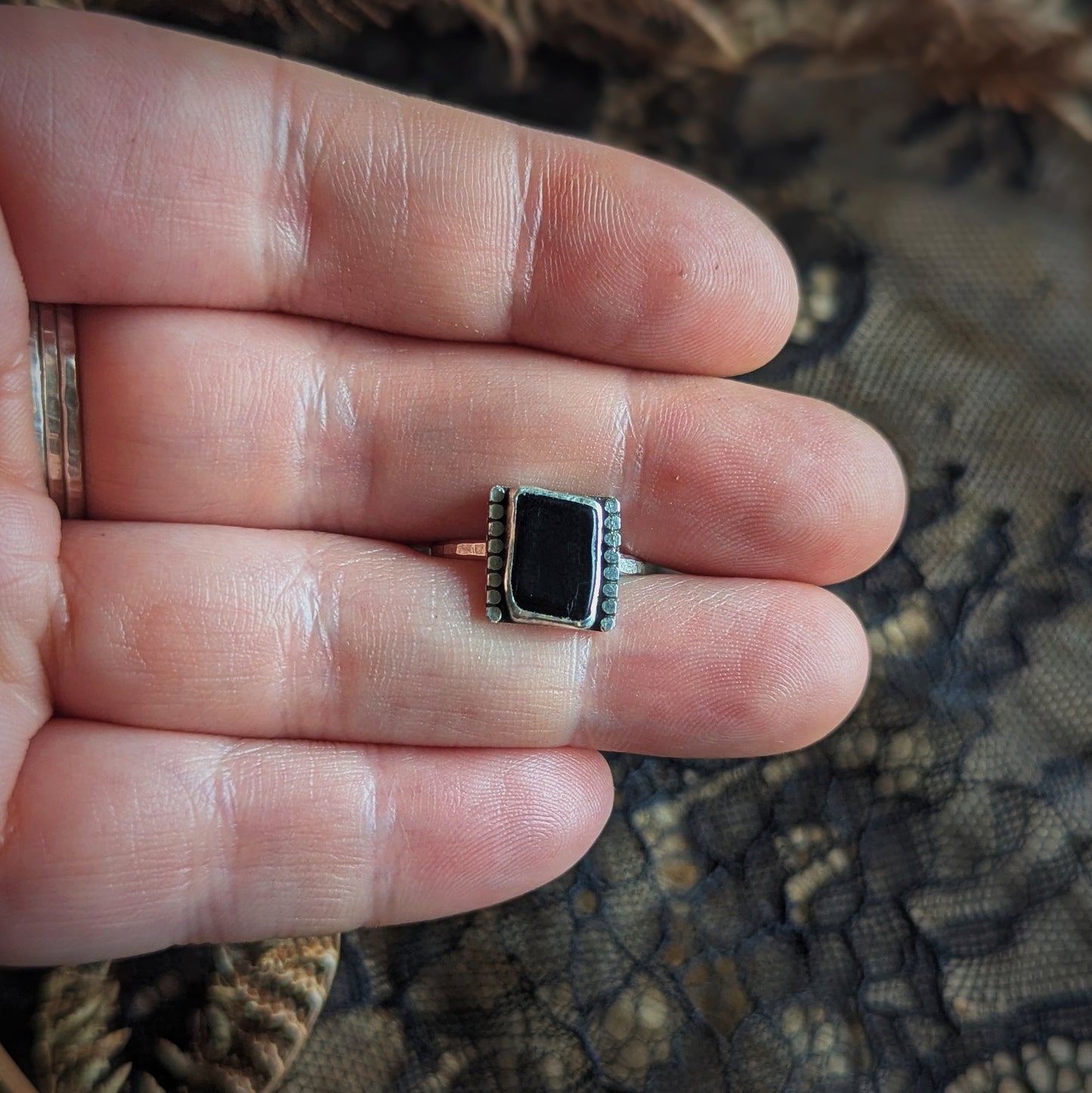 Jet Beaded Rectangle Ring- Size 5