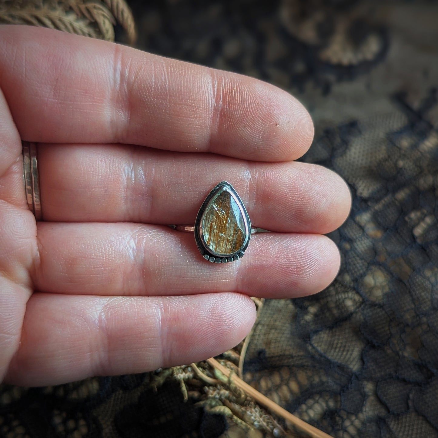 Gold Rutilated Quartz Drop Ring- Size 5