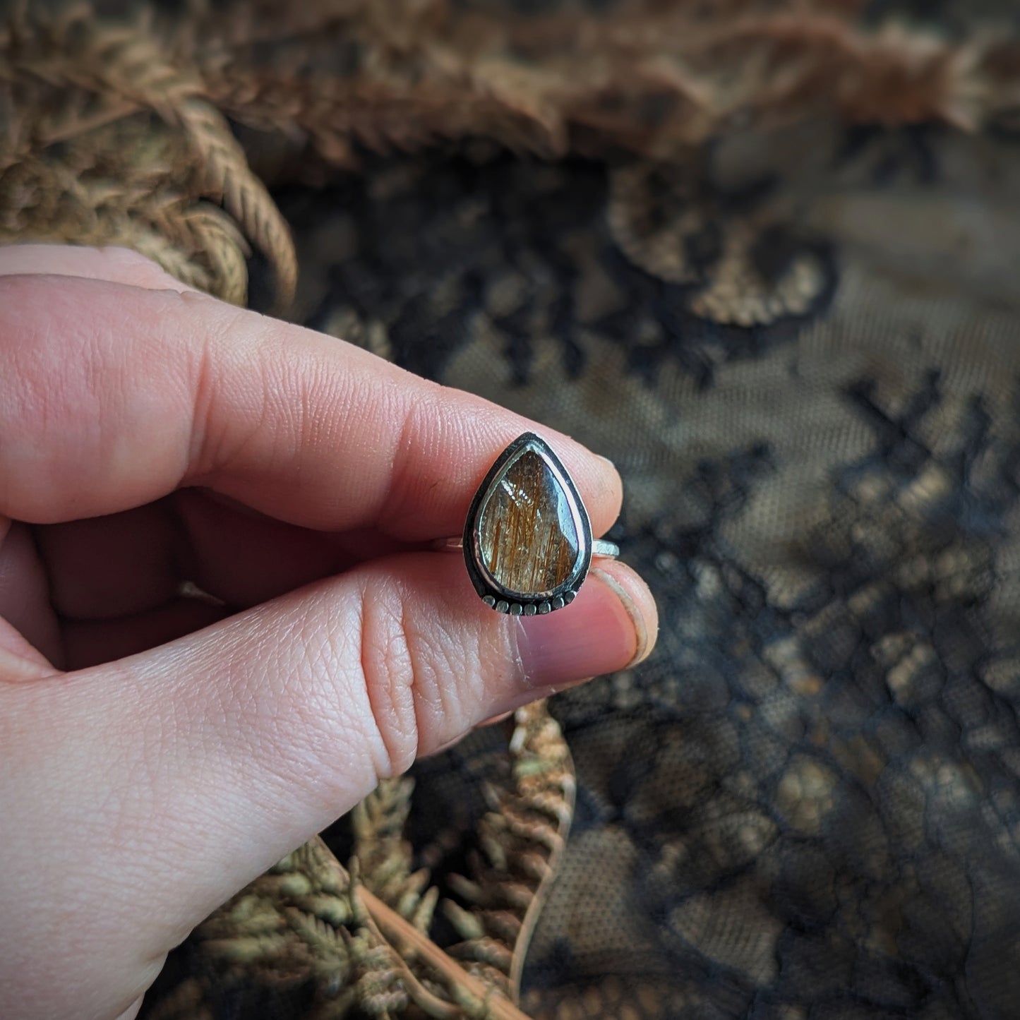 Gold Rutilated Quartz Drop Ring- Size 5