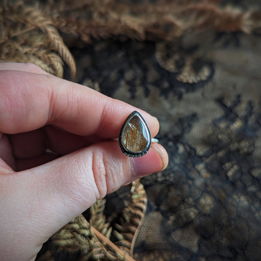 Gold Rutilated Quartz Drop Ring- Size 5