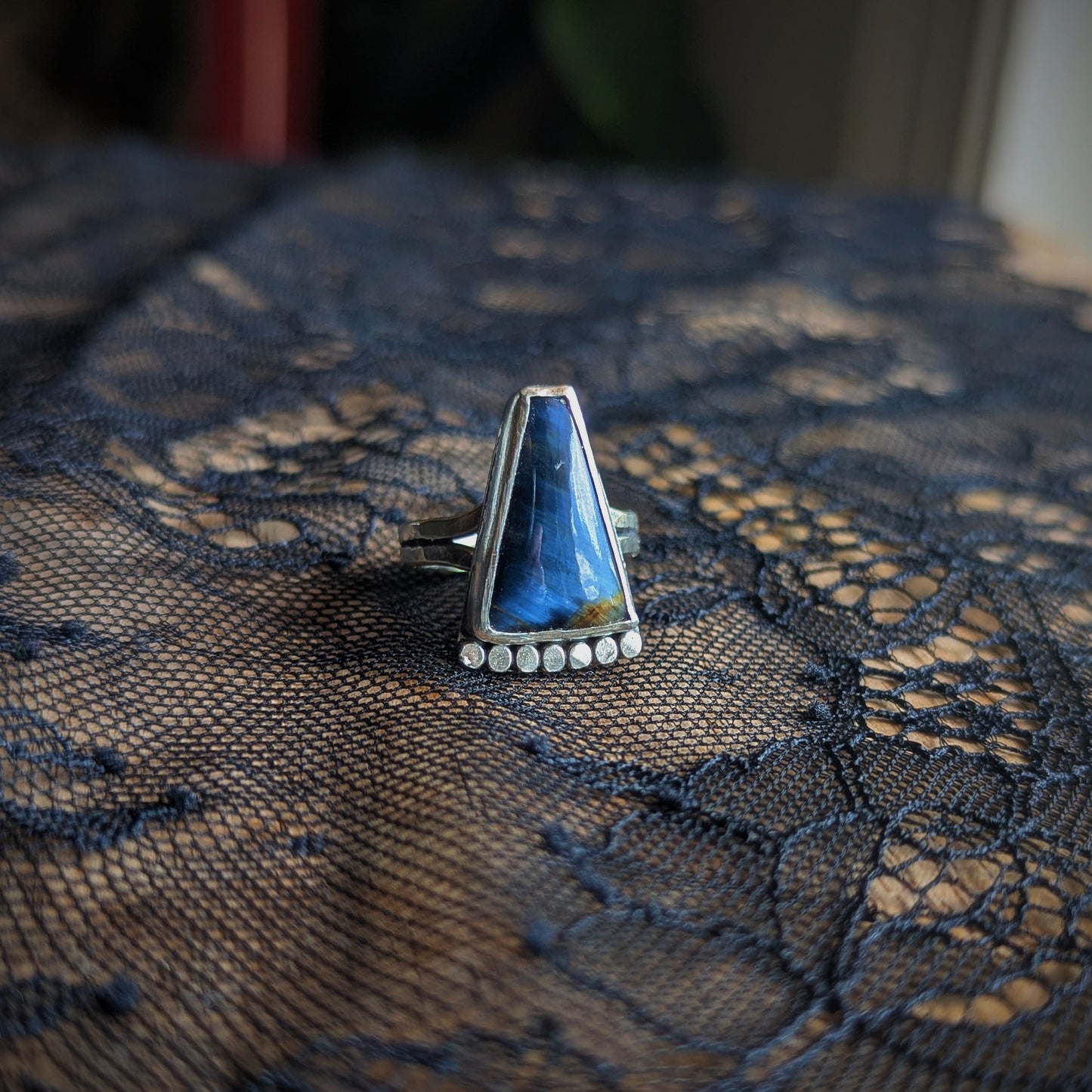 Blue Tigers Eye Beaded Fan Ring- Size 6