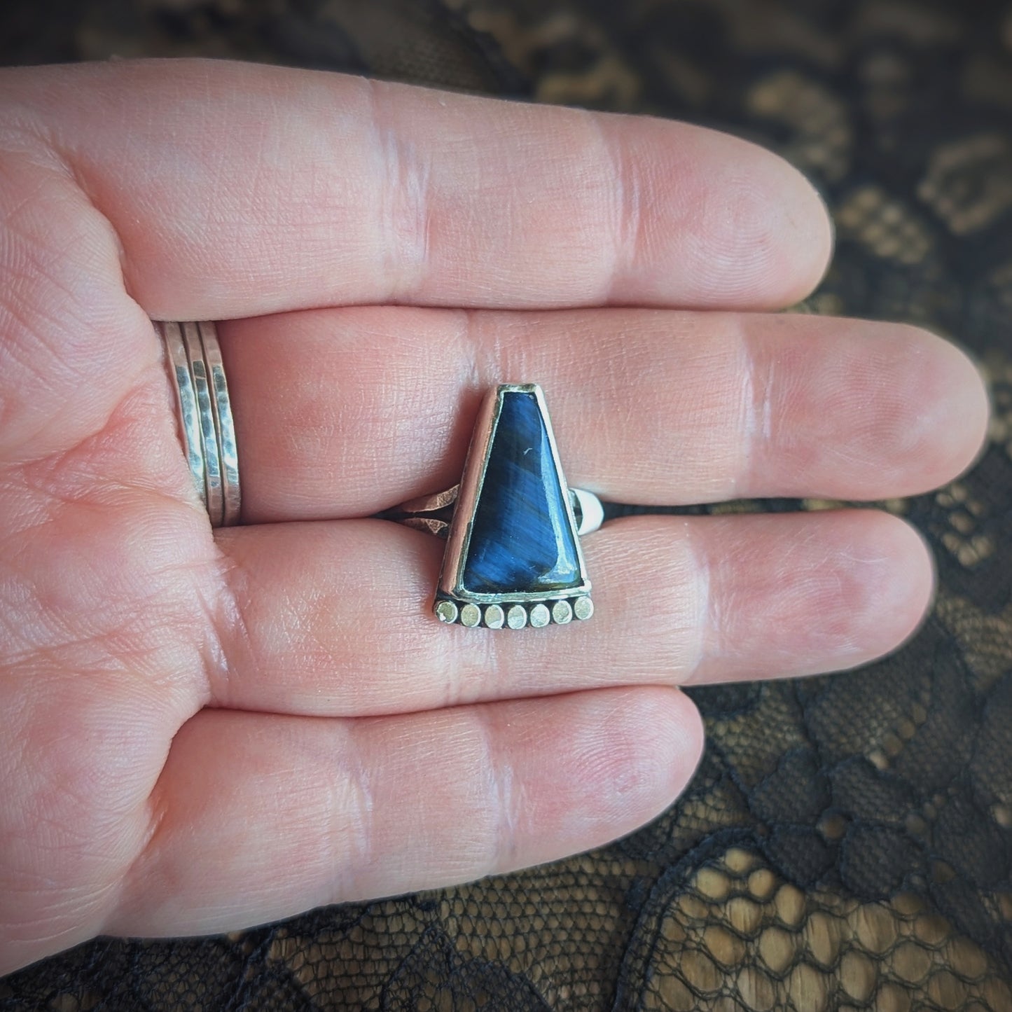 Blue Tigers Eye Beaded Fan Ring- Size 6