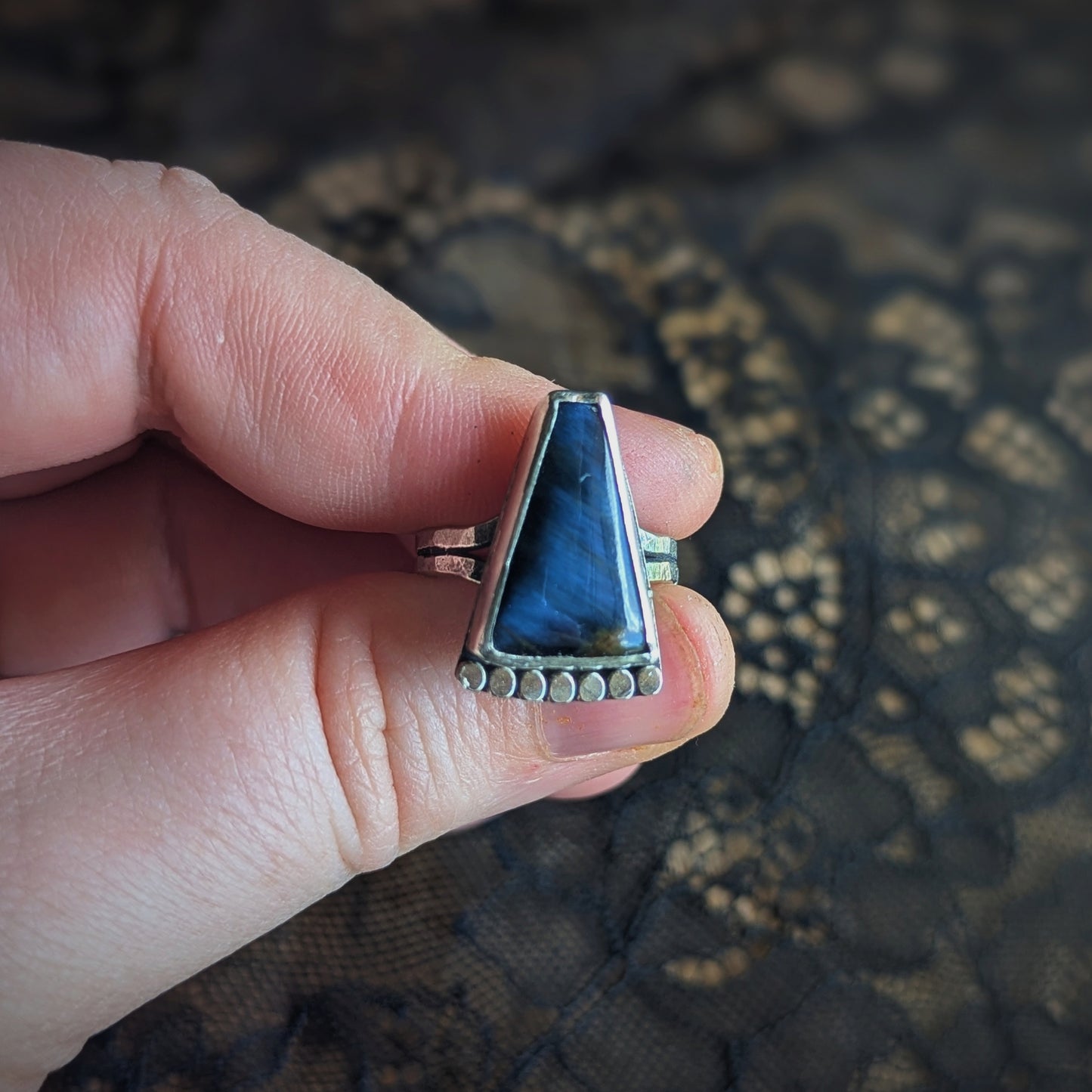 Blue Tigers Eye Beaded Fan Ring- Size 6