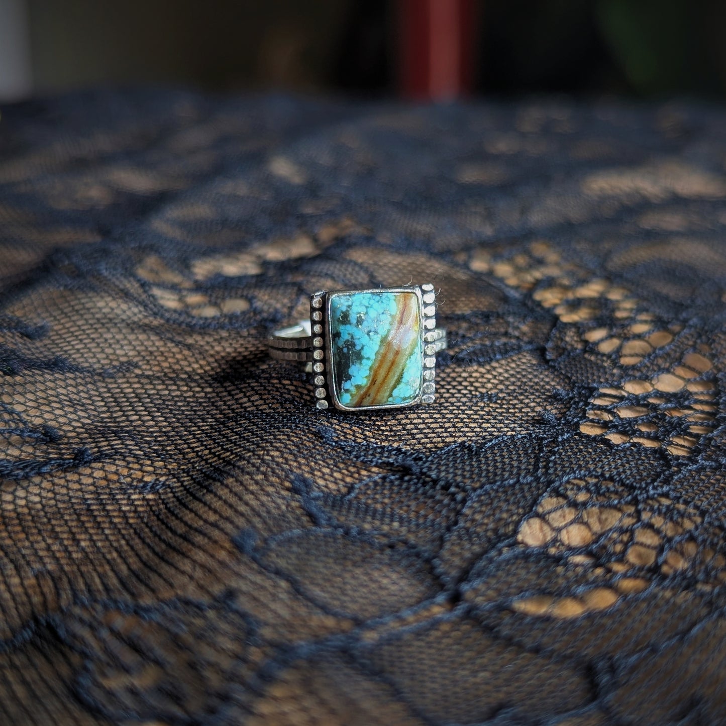 Turquoise Beaded Rectangle Ring- Size 8