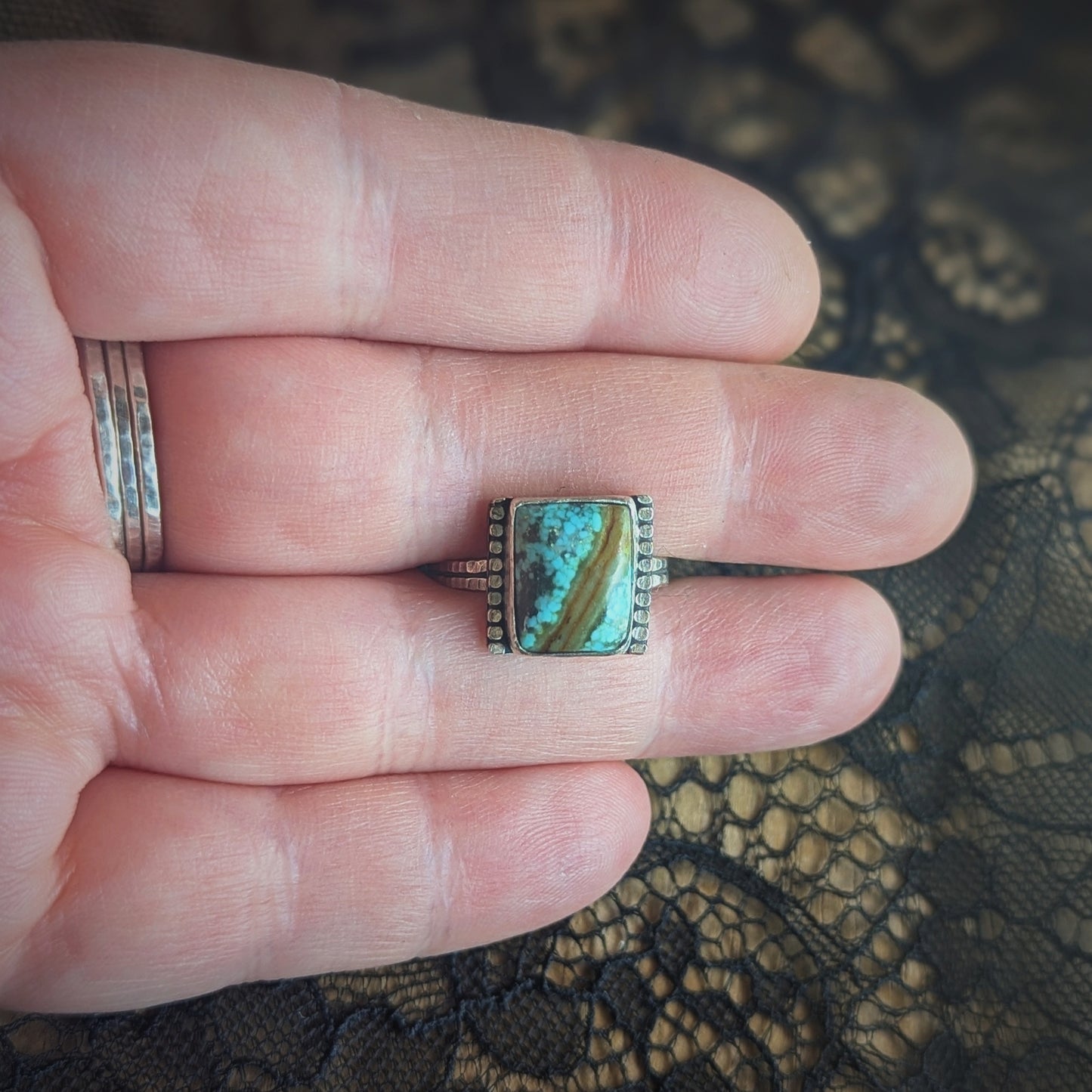 Turquoise Beaded Rectangle Ring- Size 8