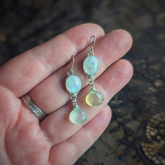 Moonstone and Chalcedony Double Drop Earrings
