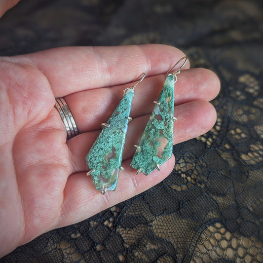 Moss Agate Long Prong Earrings