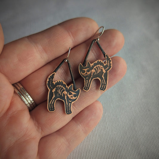 Copper Skele-Kitty Earrings (Standing)