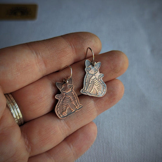 Copper Skelekitty Earrings (Sitting)