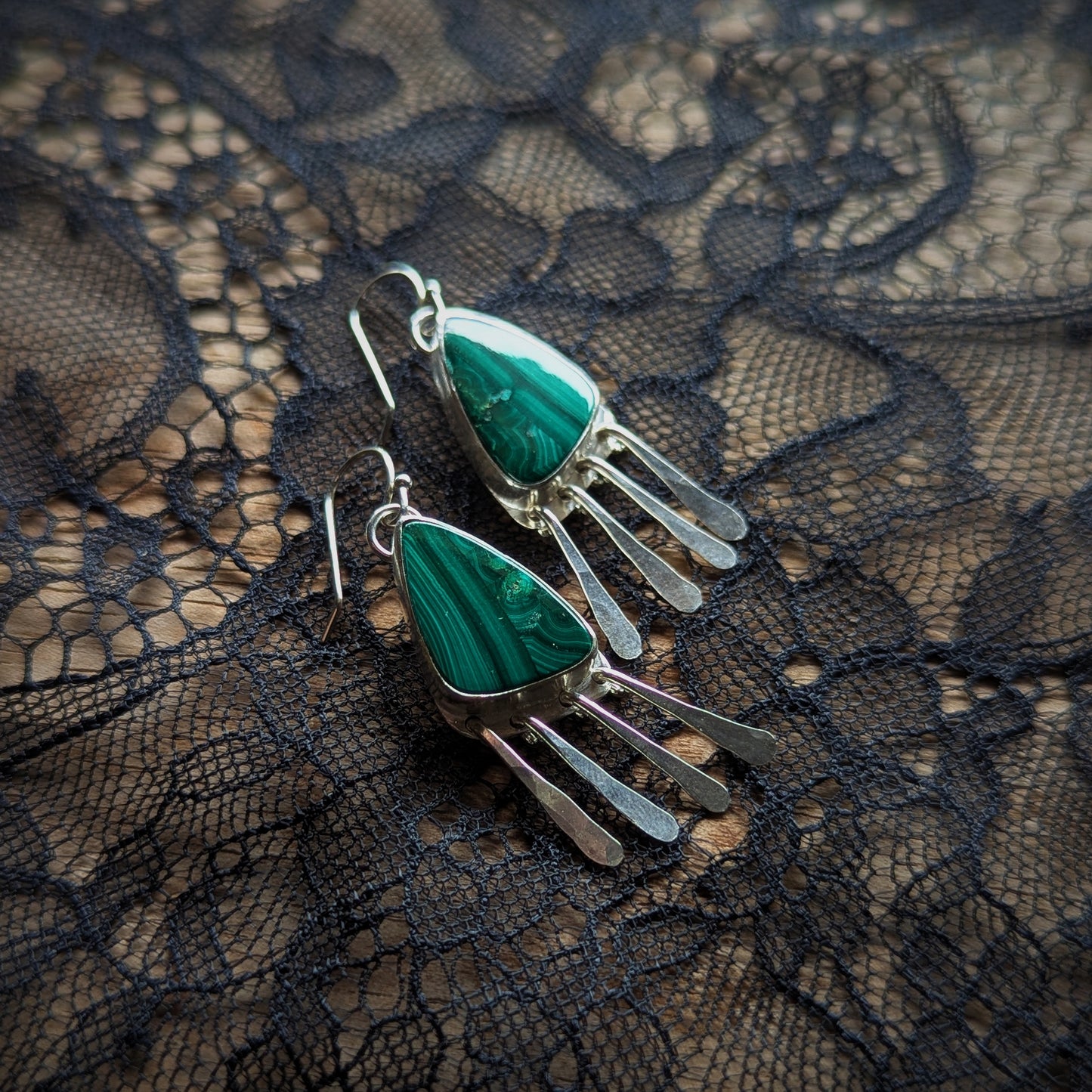 Malachite Bezel Fringe Earrings