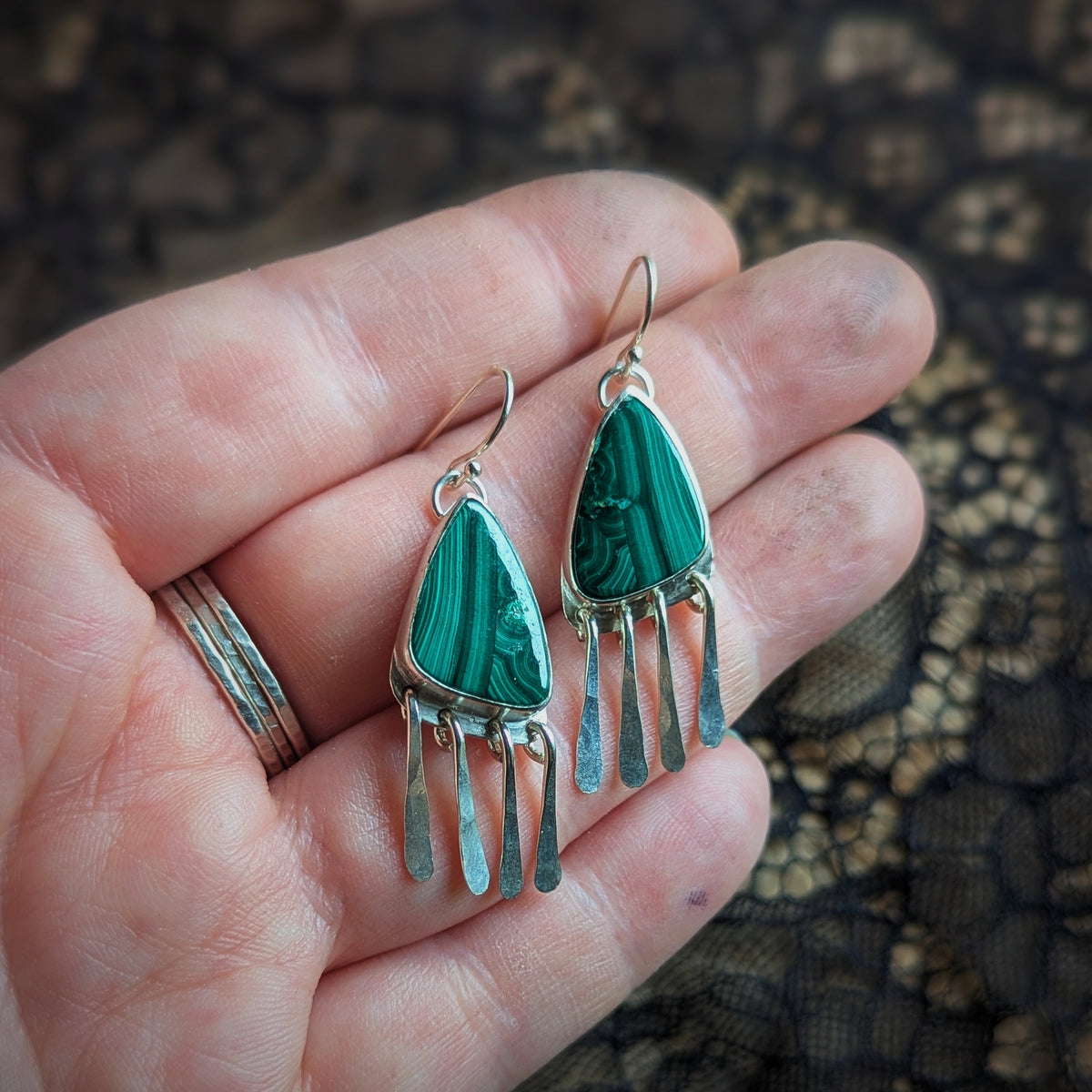 Malachite Bezel Fringe Earrings