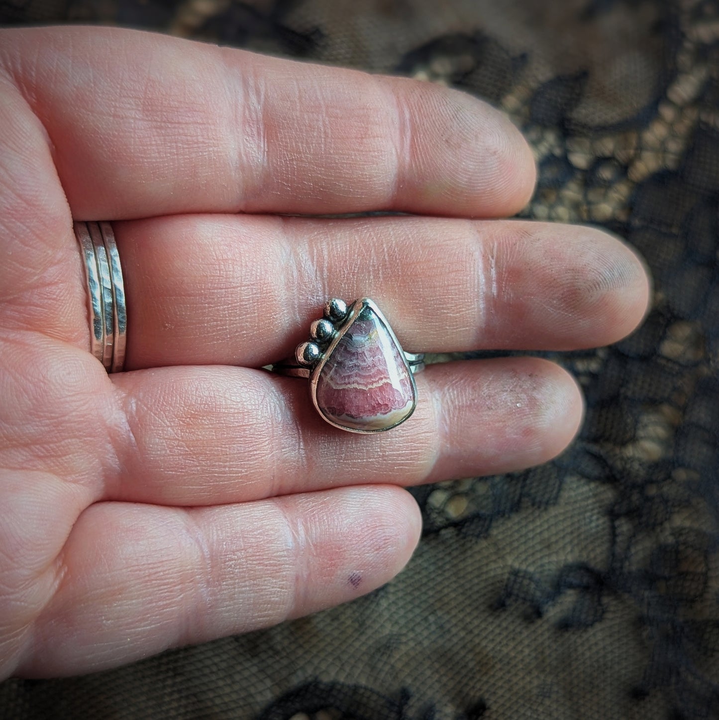 Rhodochrosite Bubble Drop Ring- Size 8
