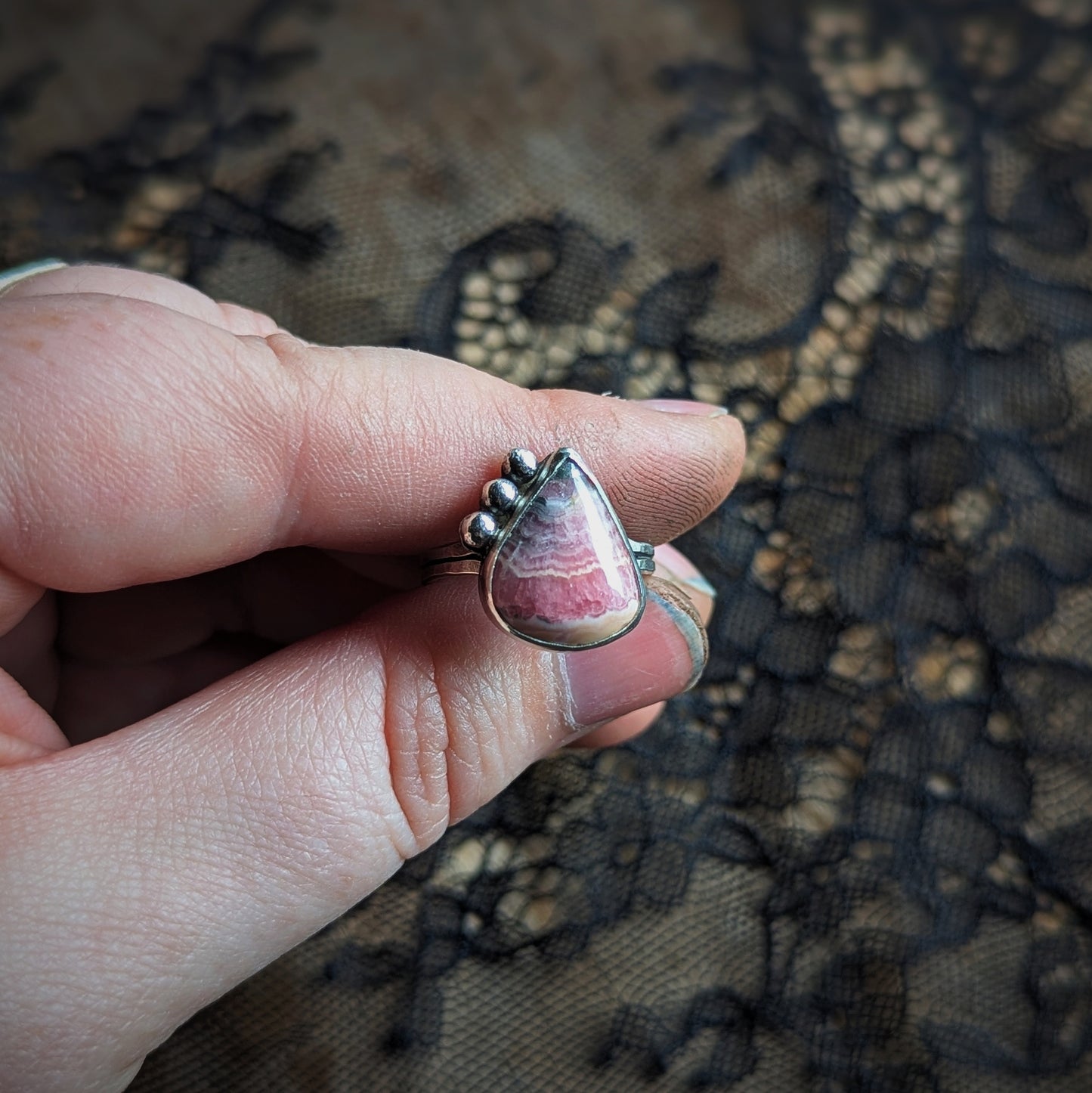 Rhodochrosite Bubble Drop Ring- Size 8