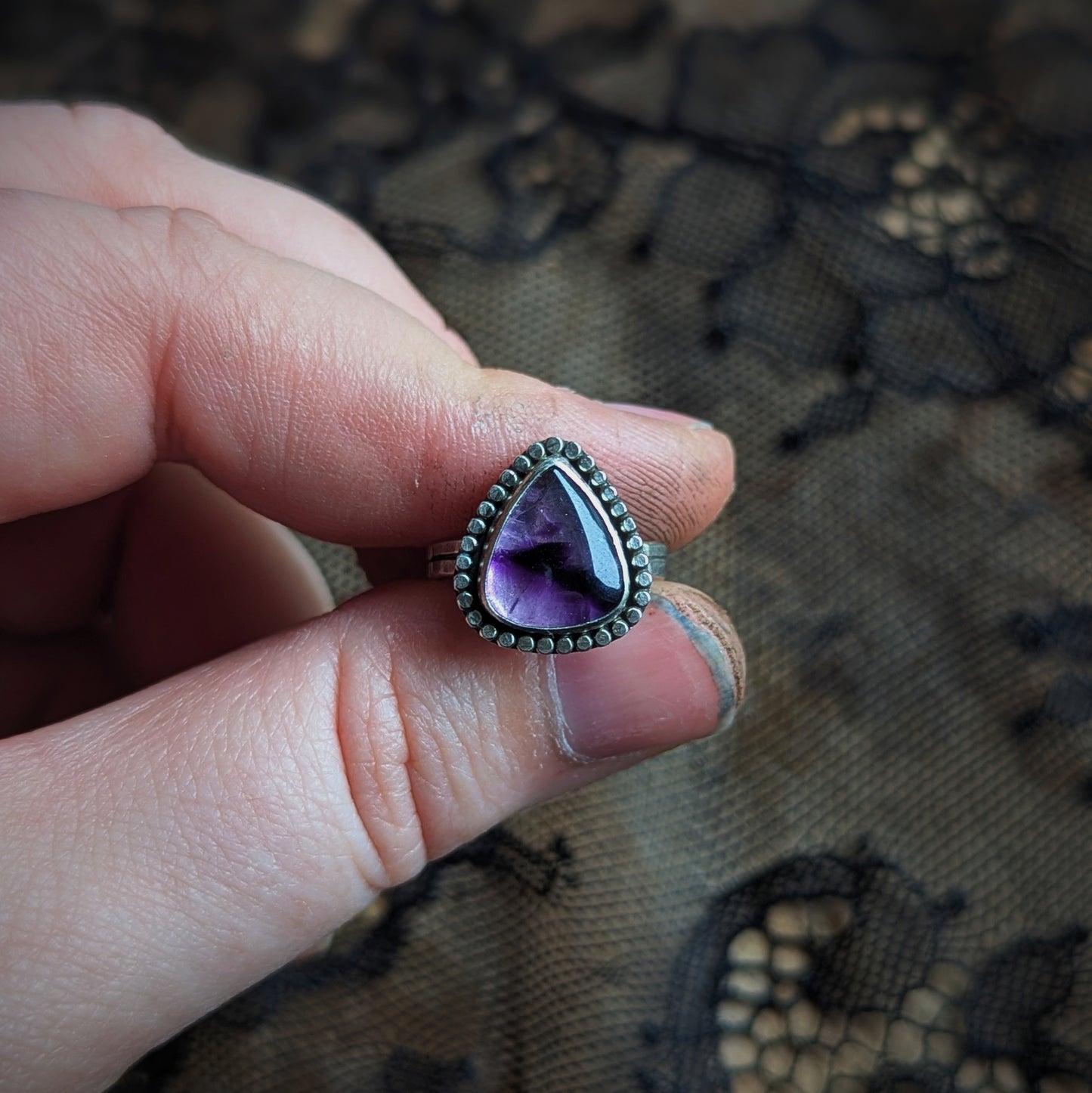 Amethyst Beaded Heart Ring- Size 5