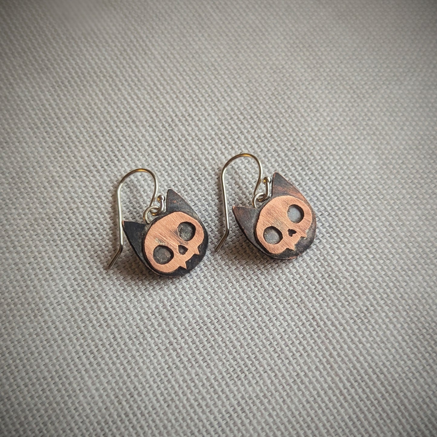 Copper Kitty Skull Earrings