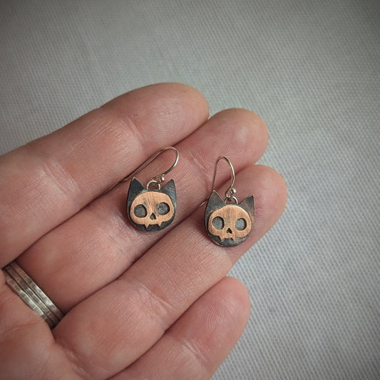 Copper Kitty Skull Earrings