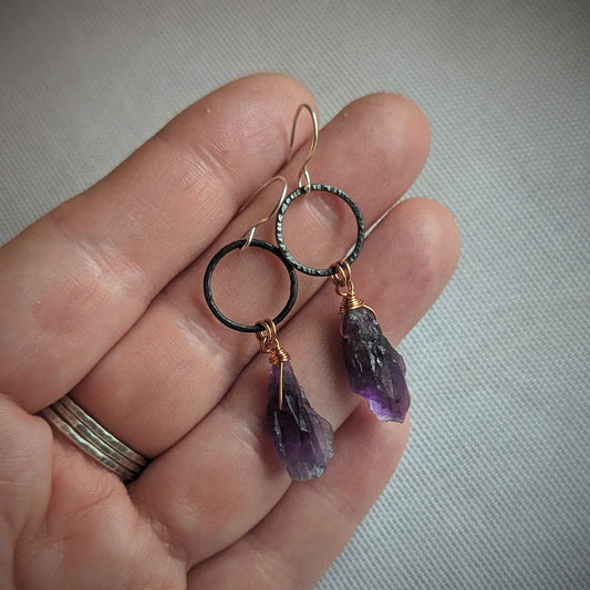 Copper Raw Amethyst Charm Earrings
